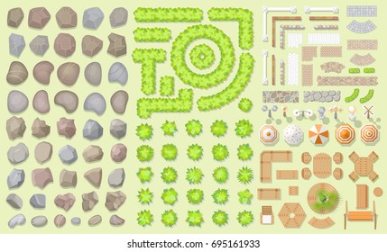 Vector set. Collection of architectural elements. (Top view) Stones, bushes, fences, walkways, lights, furniture. (View from above) Collection for landscape design, plan, maps. 