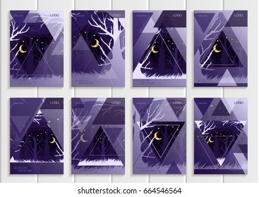 Vector set collection: brochure design business template abstract nature element. An unusual landscape abstract triangles purple background printed materials, greeting card, cover, corporate identity