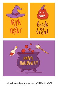 Vector set. Collection of cartoon Halloween celebration cards with lettering. Cute Halloween traditional decoration elements.