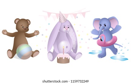 Vector set, collection of cartoon images for the kids cards with birthday rabbit with a cake, playing teddy bear with a ball and happy swimming elephant with inflatable flamingo.