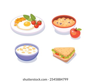 colección de conjunto de Vector de varios platos básicos presentados en platos individuales. Restaurante Comida, platos servidos en platos. Diseño plano. Menú de desayuno o almuerzo. Imágenes de comida tradicional, comidas 