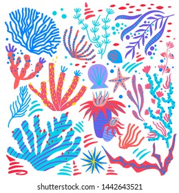 Vector set collection of colorful underwater ocean coral reef plants, corals and anemones. Aquatic and aquarium seaweeds, marine algae, sea wildlife