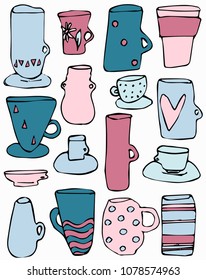 Vector set collection of cute cartoon drawing mugs in different design. Hand drawn.