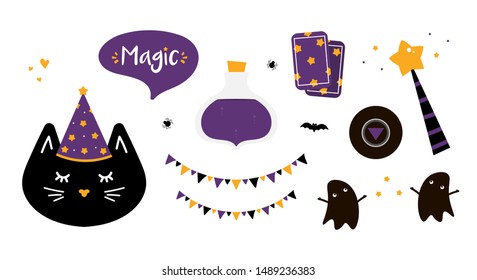 Vector set, collection of cute cartoon style icons, illustrations for magic and halloween design.
