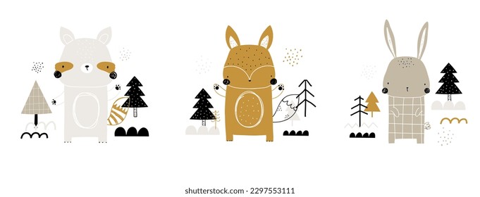 Vector set, collection with cute forest animals. Vector illustration of funny simple animals for children. Raccoon, fox, hare. Forest, Christmas trees, forest landscape. Kids card, poster, print.