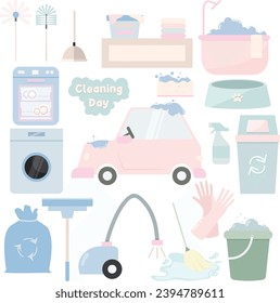 Vector set collection of cute housework and cleaning clipart elements in pastel color