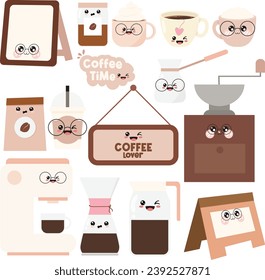 Vector set collection of cute kawaii coffee lover and coffee time elements