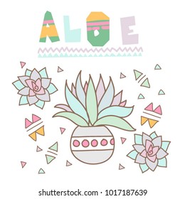 Vector set collection cute modern trend design concept cactus with word aloe