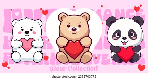 Colección vectorial de osos de San Valentín: Oso De Teddy, Panda, Oso Polar. Composiciones con osos, corazones de estilo plano
