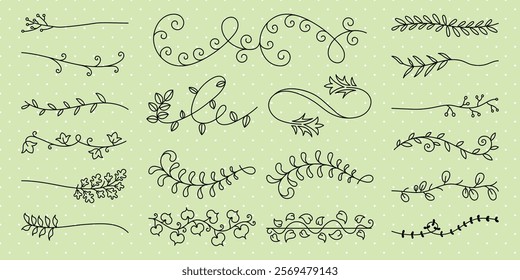 Vector set. Collection of decorative floral swirls and vines. Elegant floral designs with swirls and vines. Perfect for decorative projects needing floral accents. Hand drawn ornament vector set.