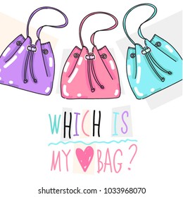 Vector set collection design with beautiful fashion hand drawn bags with words