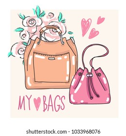 Vector set collection design with beautiful fashion hand drawn bags with flowers and details