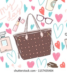 Vector set collection design beautiful cute hand drawn seamless pattern with woman hand bag hearts lipstick 