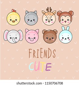 Vector set collection design concept hand drawn cute cartoon animals faces