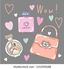 Vector set collection design concept hand drawn cute elegant bag with perfume and decorative beautiful elements
