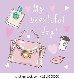 Vector set collection design concept hand drawn cute elegant woman handbag with coffee perfume lips and decorative beautiful elements