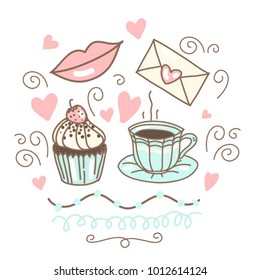 Vector set collection design with cute sweet coffee tea cup letter lips and cupcake
