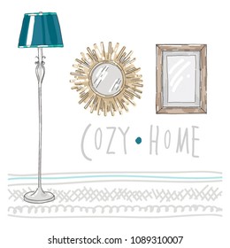 Vector set collection design collection with cute hand drawn home decor, lamp, mirror and photo frame