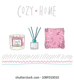 Vector set collection design collection with cute hand drawn home decor, candle, perfume bottle sticks and fur pink pillow