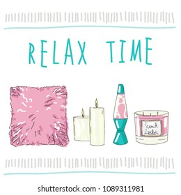 Vector set collection design collection with cute hand drawn home decor, lava lamp, candles and pink fur pillow