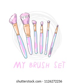 Vector set collection design with cute hand drawn make up brushes