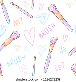 Vector set collection design with cute hand drawn make up brushes seamless pattern