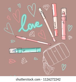 Vector set collection design with cute hand drawn make up pencils lipstick