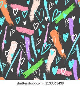 Vector set collection design cute hand drawn seamless pattern with colorful brush strokes and hearts