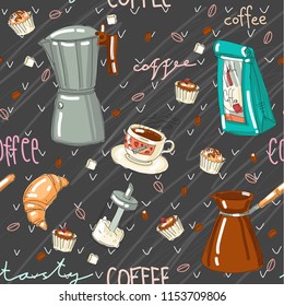 Vector set collection design cute hand drawn coffee theme seamless patten on dark backgound