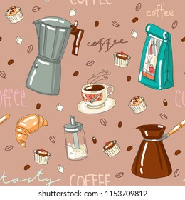 Vector set collection design cute hand drawn coffee theme seamless patten on beige backgound