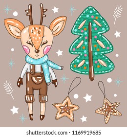 Vector set collection design cute hand drawn cartoon animal deer with christmas tree and cookies