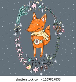 Vector set collection design cute hand drawn cartoon animal fox with coffee and winter decoration