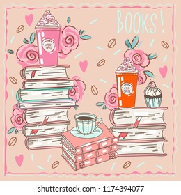 vector set collection design cute elegant hand drawn concept with books and coffee