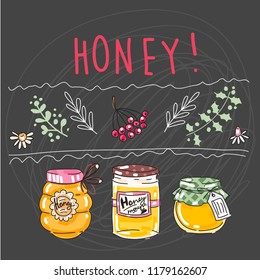 Vector set collection design cute hand drawn concept with honey and decorative elements an dark background