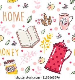 Vector set collection design cute hand drawn concept with tea and book and decorative elements seamless pattern