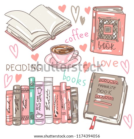 vector set collection design cute elegant hand drawn concept with books and coffee