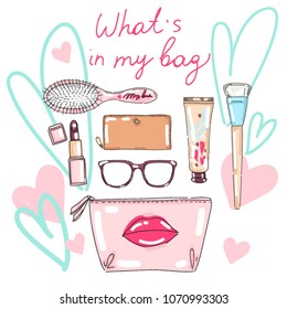 Vector set collection design elegant beautiful concept with hand drawn cosmetic bag and brush, lipstick, glasses