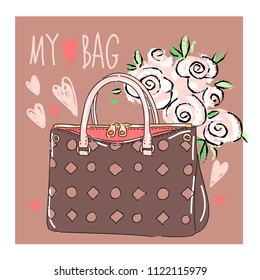 Vector set collection design with elegant hand drawn hand bag and flowers