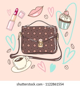 Vector set collection design with elegant hand drawn cute woman handbag, lips, lipstick, coffee and muffin