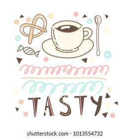 Vector set collection design with funny cute pretzel and cup of coffee 