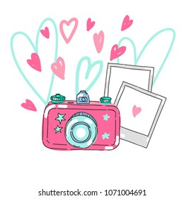 Vector set collection design hand drawn cute concept with camera, photo and hearts