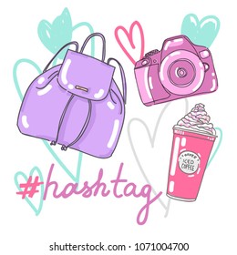 Vector set collection design hand drawn cute concept with camera, backpack and coffee