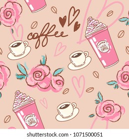Vector set collection design hand drawn cute seamless pattern with coffee and flowers