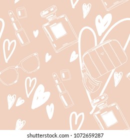 Vector set collection design hand drawn cute elegance concept seamless pattern with cosmetic and hearts