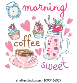 Vector set collection design hand drawn elegant breakfast concept with smoothie jar, coffee, muffins and alarm clock  