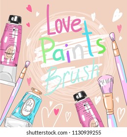 Vector set collection design hand drawn elegant cute concept with paint tubes and brushes