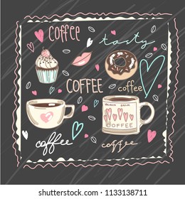 Vector set collection design with hand drawn cute sweet coffee cups and desserts on dark background