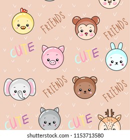 Vector set collection design hand drawn seamless pattern with cute funny animals