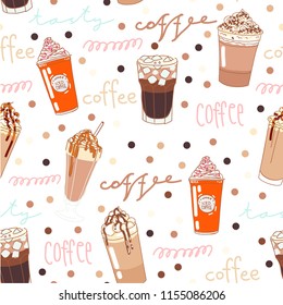 Vector set collection design hand drawn cute seamless pattern different types of coffee 