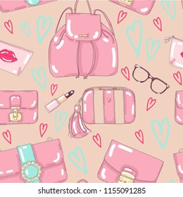 Vector set collection design hand drawn elegant cute seamless pattern with handbag and purse